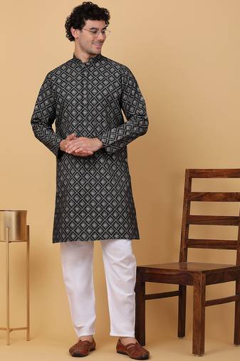 Men black cotton ethnic printed kurta