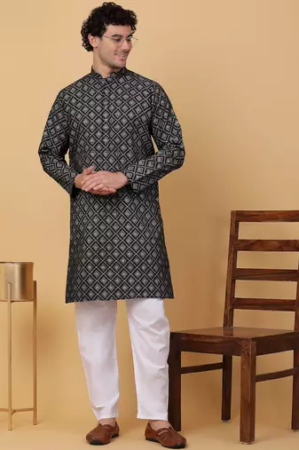 Men black cotton ethnic printed kurta