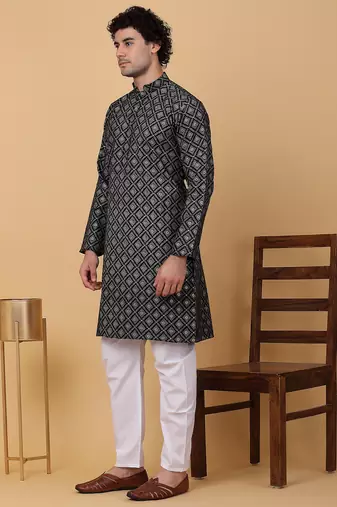 Men black cotton ethnic printed kurta
