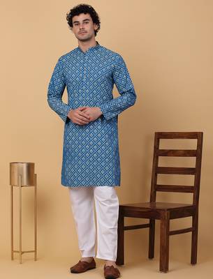 Men blue cotton ethnic printed kurta 1