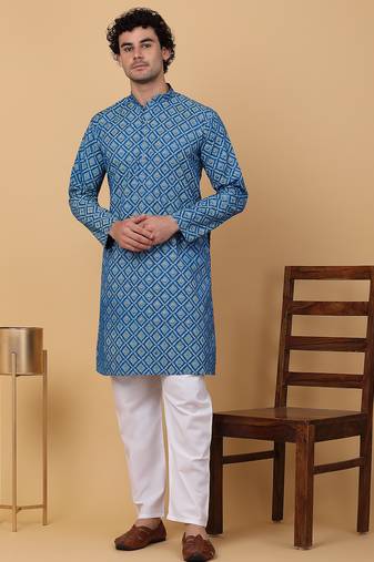 Men blue cotton ethnic printed kurta
