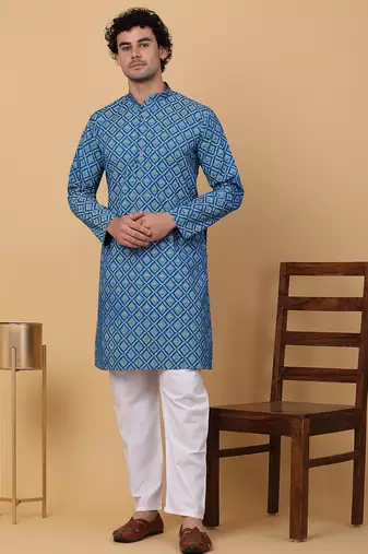 Men blue cotton ethnic printed kurta