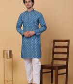 Men blue cotton ethnic printed kurta