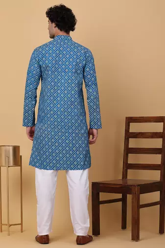 Men blue cotton ethnic printed kurta