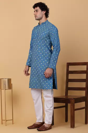 Men blue cotton ethnic printed kurta