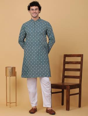 Men green cotton ethnic printed kurta 1