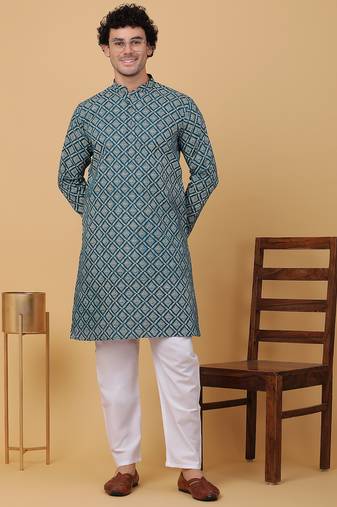 Men green cotton ethnic printed kurta