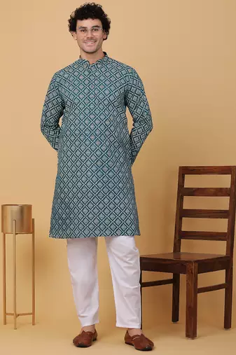Men green cotton ethnic printed kurta