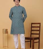 Men green cotton ethnic printed kurta