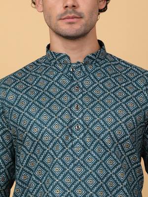 Men green cotton ethnic printed kurta 2