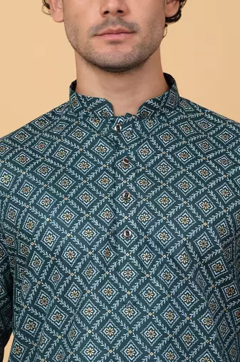 Men green cotton ethnic printed kurta