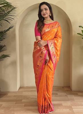 Orange Paithani silk blend Sarees  1