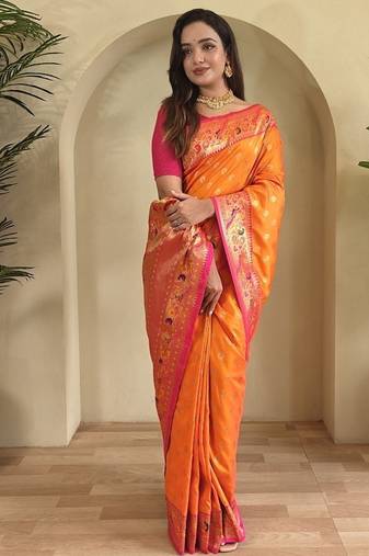Orange Paithani silk blend Sarees 