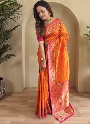 Orange Paithani silk blend Sarees  2