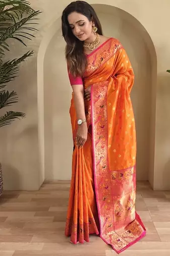 Orange Paithani silk blend Sarees 
