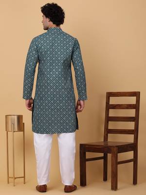 Men green cotton ethnic printed kurta 3