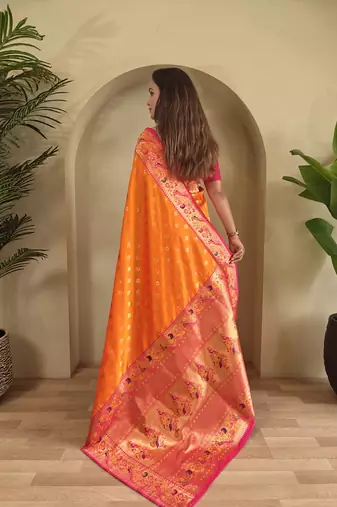 Orange Paithani silk blend Sarees 