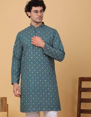 Men green cotton ethnic printed kurta 5