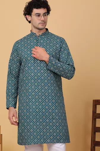 Men green cotton ethnic printed kurta