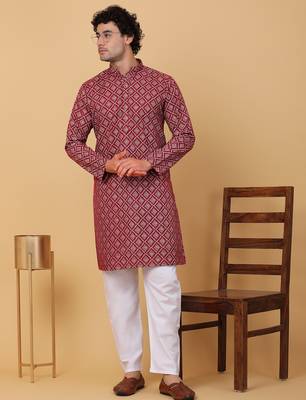 Men maroon cotton ethnic printed kurta 1