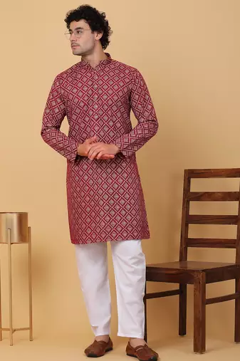 Men maroon cotton ethnic printed kurta
