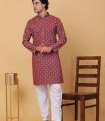 Men maroon cotton ethnic printed kurta