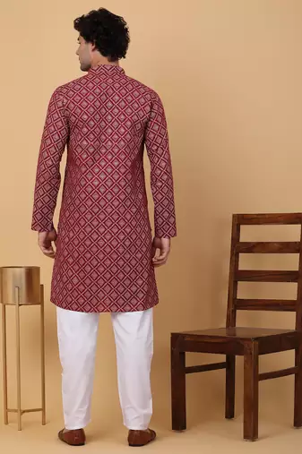 Men maroon cotton ethnic printed kurta