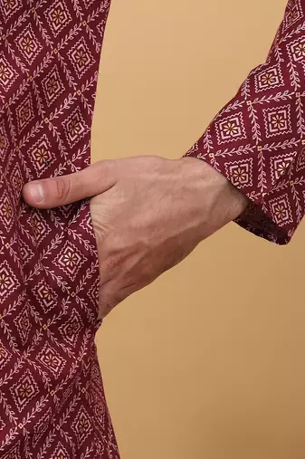 Men maroon cotton ethnic printed kurta