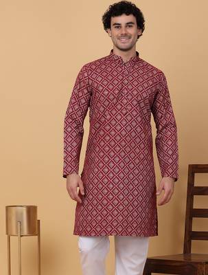Men maroon cotton ethnic printed kurta 5