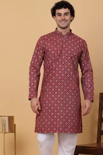 Men maroon cotton ethnic printed kurta