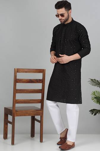 Men cotton embroidered sequined black kurta