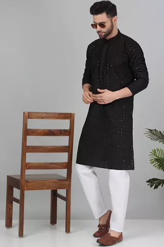 Men cotton embroidered sequined black kurta