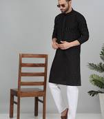 Men cotton embroidered sequined black kurta