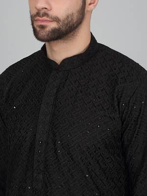 Men cotton embroidered sequined black kurta 2