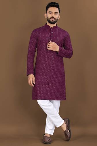 Purple embroidery work with sequence men's kurta and Pyjamas for Mens