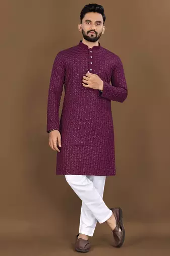 Purple embroidery work with sequence men's kurta and Pyjamas for Mens