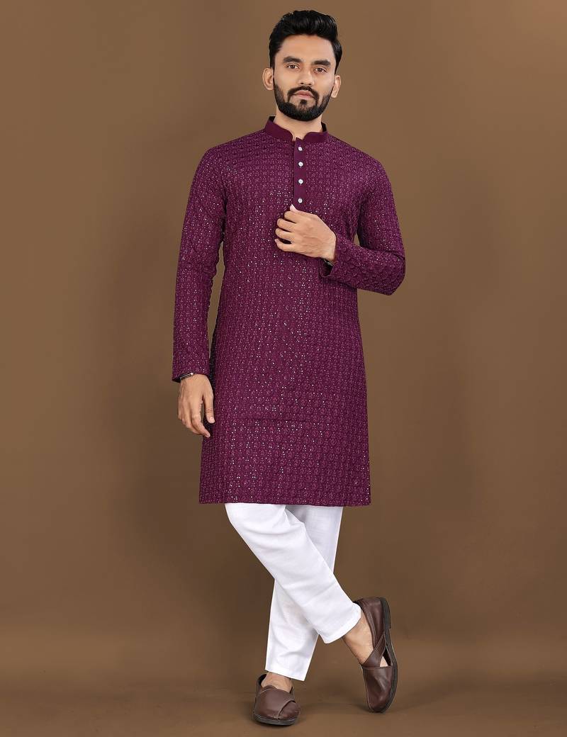Purple embroidery work with sequence men's kurta and Pyjamas for Mens