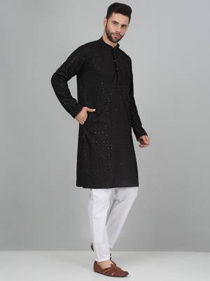 Men cotton embroidered sequined black kurta 4