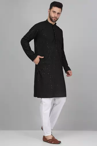 Men cotton embroidered sequined black kurta