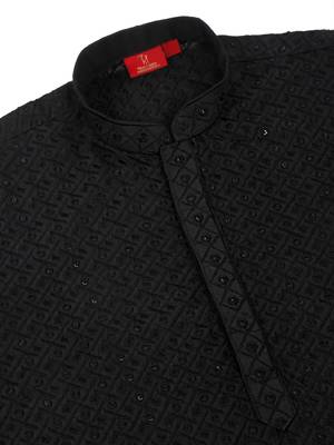 Men cotton embroidered sequined black kurta 5