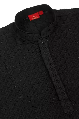 Men cotton embroidered sequined black kurta