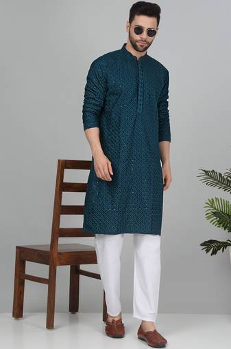 Men cotton embroidered sequined green kurta