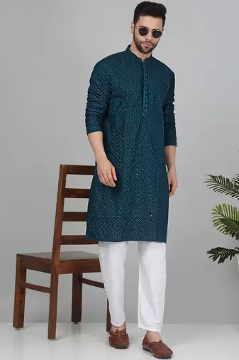 Men cotton embroidered sequined green kurta