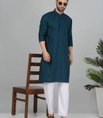 Men cotton embroidered sequined green kurta
