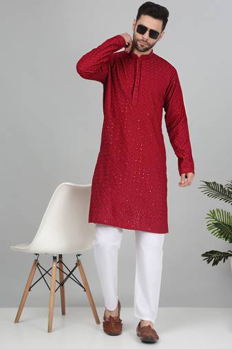 Men cotton embroidered sequined Red kurta