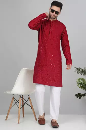 Men cotton embroidered sequined Red kurta