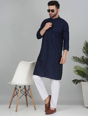 Men cotton embroidered sequined navy blue kurta 1