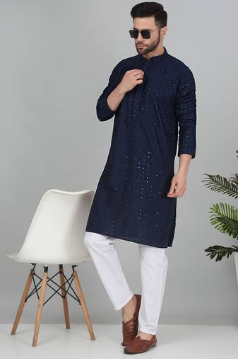 Men cotton embroidered sequined navy blue kurta
