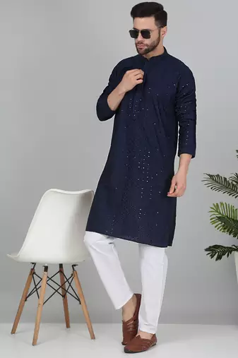 Men cotton embroidered sequined navy blue kurta