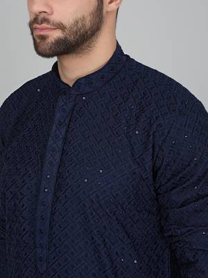 Men cotton embroidered sequined navy blue kurta 2